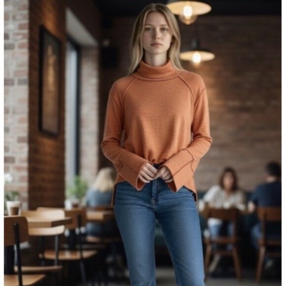 We The Free X Free People Orange Long Sleeve Split Back Turtleneck Top SZ Medium - Picture 2 of 10